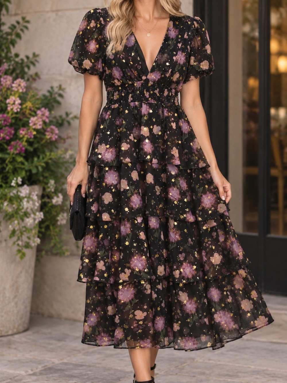 Floral Tiered V-Neck Midi Dress in Black and Purple